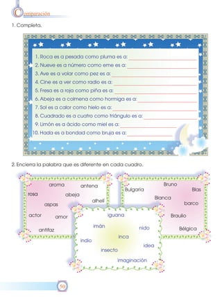 C omparación
1. Completa.




         1. Roca es a pesada como pluma es a:
         2. Nueve es a número como eme es a:
         3. Ave es a volar como pez es a:
         4. Cine es a ver como radio es a:
         5. Fresa es a roja como piña es a:
         6. Abeja es a colmena como hormiga es a:
         7. Sol es a calor como hielo es a:
         8. Cuadrado es a cuatro como triángulo es a:
         9. Limón es a ácido como miel es a:
        10. Hada es a bondad como bruja es a:




2. Encierra la palabra que es diferente en cada cuadro.



                 aroma               antena                                     Bruno
                                                               Bulgaria                      Blas
      rosa                   abeja
                                                                             Blanca
                                             alhelí
               aspas                                                                     barco

       actor           amor                           iguana                      Braulio

                                             imán                    nido
             antifaz                                                                    Bélgica
                                                           inca
                                     indio
                                                                      idea
                                                 insecto

                                                         imaginación




                        50
 
