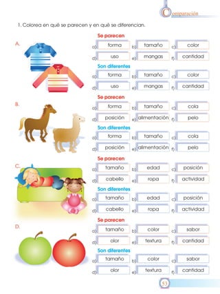 C omparación
1. Colorea en qué se parecen y en qué se diferencian.



                                     forma          tamaño              color

                                      uso           mangas            cantidad


                                     forma          tamaño              color

                                      uso           mangas            cantidad



                                     forma          tamaño              cola

                                    posición     alimentación           pelo


                                     forma          tamaño              cola

                                    posición     alimentación           pelo



                                    tamaño              edad           posición

                                    cabello             ropa          actividad


                                    tamaño              edad           posición

                                    cabello             ropa          actividad



                                    tamaño              color           sabor

                                      olor          textura           cantidad


                                    tamaño              color           sabor

                                      olor          textura           cantidad

                                                                53
 