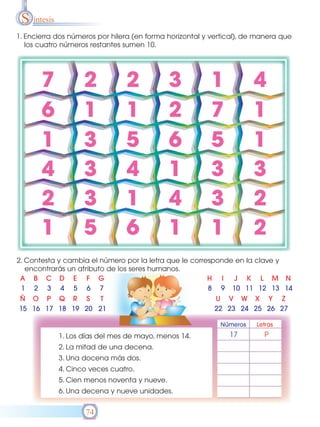 S íntesis
1. Encierra dos números por hilera (en forma horizontal y vertical), de manera que
   los cuatro números restantes sumen 10.




2. Contesta y cambia el número por la letra que le corresponde en la clave y
   encontrarás un atributo de los seres humanos.
 A B C D E F G                                          H I   J K L M N
 1 2 3 4 5 6 7                                          8 9 10 11 12 13 14
Ñ O P Q R S        T                                       U V W X Y Z
15 16 17 18 19 20 21                                       22 23 24 25 26 27


             1. Los días del mes de mayo, menos 14.
             2. La mitad de una decena.
             3. Una docena más dos.
             4. Cinco veces cuatro.
             5. Cien menos noventa y nueve.
             6. Una decena y nueve unidades.


                    74
 