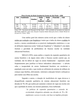 4




           Fluxo Escolar da Rede Estadual de Ensino de São Paulo - 1990
  Série   Transferências             Retidos  Retidos   Promovidos Total
                         Abandono      por      por
                                   freqüência avaliação

  CBI       56.736           65.792        0          0          622.304        744.832
  CBC          72.936        66.886     4.963       260.786      578.837         984.408
  a
 3 série        8.979        41.331     2.730       107.114      530.851         731.005
Fonte: CIE - Secretaria da Educação de São Paulo - 1991 (extraído de Secretaria da Saúde de
São Paulo, Reflexões sobre uma Atuação Conjunta Saúde Educação frente à Saúde Mental do
Escolar de 1o Grau. 1993)


            Uma análise geral dos números acima revela que o índice de alunos
retidos por avaliação e por freqüência é maior que o índice de alunos evadidos da
escola e, mesmo considerando-se as possíveis inadequações estatísticas e o uso
de definições imprecisas (como “retido por freqüência” e “abandono”), tais dados
ilustram a gravidade da problemática do fracasso escolar na realidade
educacional brasileira.

            MELLO (1993), numa análise a respeito da expansão quantitativa do
ensino brasileiro e de alguns mitos sobre o fracasso escolar conclui que, na
realidade, não há déficit de vagas no ensino fundamental – argumento usado
freqüentemente para justificar os baixos indicadores educacionais – e adverte
sobre a incapacidade do ensino fundamental brasileiro em escolarizar a
população como um todo, o que resulta no sofrimento de centenas de milhares de
crianças cujas famílias, efetivamente, valorizam a educação formal e esforçam-se
para manter seus filhos nas escolas.

            Segundo a autora, a situação de insuficiência de vagas deveu-se à
desqualificada expansão qualitativa do sistema educacional brasileiro nas
décadas de 70 e 80, que acabou por aumentar o número de vagas nas escolas sem
que a qualidade do ensino, nos mesmos patamares, fosse melhorada:
                  “As políticas de expansão quantitativa e extensão da
                  escolaridade obrigatória adotadas nas décadas de 70 e 80,
                  ampliaram o acesso à escola, com base no legítimo princípio
 