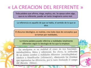 « LA CREACION DEL REFERENTE »
Toda palabra que afirma, niega, explica, etc. Se apoya sobre algo,
que es su referente, puede ser tanto imaginario como real.
La referencia es aquello de que se habla, el sentido de lo que se
dice.
El discurso ideológico, es realista, crea toda clase de conceptos que
se toman por realidades,
La misma palabra puede referirse a realidades totalmente
diferentes según la ideología de los que la emplean.
 