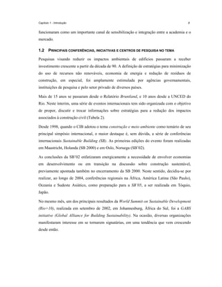 Capítulo 1 - Introdução

8

funcionaram como um importante canal de sensibilização e integração entre a academia e o
mercado.
1.2

PRINCIPAIS CONFERÊNCIAS, INICIATIVAS E CENTROS DE PESQUISA NO TEMA

Pesquisas visando reduzir os impactos ambientais de edifícios passaram a receber
investimento crescente a partir da década de 90. A definição de estratégias para minimização
do uso de recursos não renováveis, economia de energia e redução de resíduos de
construção, em especial, foi amplamente estimulada por agências governamentais,
instituições de pesquisa e pelo setor privado de diversos países.
Mais de 15 anos se passaram desde o Relatório Bruntland, e 10 anos desde a UNCED do
Rio. Neste ínterim, uma série de eventos internacionais tem sido organizada com o objetivo
de propor, discutir e trocar informações sobre estratégias para a redução dos impactos
associados à construção civil (Tabela 2).
Desde 1998, quando o CIB adotou o tema construção e meio ambiente como temário de seu
principal simpósio internacional, o maior destaque é, sem dúvida, a série de conferências
internacionais Sustainable Building (SB). As primeiras edições do evento foram realizadas
em Maastricht, Holanda (SB 2000) e em Oslo, Noruega (SB’02).
As conclusões da SB’02 enfatizaram energicamente a necessidade de envolver economias
em desenvolvimento ou em transição na discussão sobre construção sustentável,
previamente apontada também no encerramento da SB 2000. Neste sentido, decidiu-se por
realizar, ao longo de 2004, conferências regionais na África, América Latina (São Paulo),
Oceania e Sudeste Asiático, como preparação para a SB’05, a ser realizada em Tóquio,
Japão.
No mesmo mês, um dos principais resultados da World Summit on Sustainable Development
(Rio+10), realizada em setembro de 2002, em Johannesburg, África do Sul, foi a GABS
initiative (Global Alliance for Building Sustainability). Na ocasião, diversas organizações
manifestaram interesse em se tornarem signatárias, em uma tendência que vem crescendo
desde então.

 