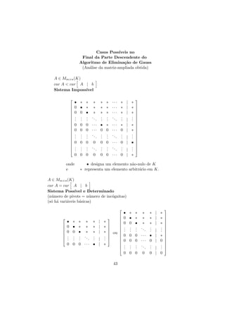 Casos Poss´
ıveis no
Final da Parte Descendente do
Algoritmo de Elimina¸˜o de Gauss
ca
(An´lise da matriz-ampliada obtida)
a
A ∈ Mm×n (K)
car A  car A | b
Sistema Imposs´
ıvel






















• ∗ ∗ ∗
0 • ∗ ∗
0 0 • ∗
. . . ..
. . .
.
. . .
0 0 0 ···
0 0 0 ···
. . . ..
. . .
.
. . .

∗ ∗ ···
∗ ∗ ···
∗ ∗ ···
. . ..
. .
.
. .
• ∗ ···
0 0 ···
. . ..
. .
.
. .



∗
∗
∗
.
.
.

| ∗
| ∗ 

| ∗ 

. 
. 
| . 


∗ | ∗ 

0 | ∗ 


.
. | . 
. 
.
.

0 0 0 0 0 0 ··· 0 | • 

. . . .. . . .. .
. 
. . .
. . .
. . | . 
. . .
. .
.
.
0 0 0 0 0 0 ··· 0 | ∗

onde
e

• designa um elemento n˜o-nulo de K
a
∗ representa um elemento arbitr´rio em K.
a

A ∈ Mm×n (K)
car A = car A | b
Sistema Poss´
ıvel e Determinado
(n´mero de pivots = n´mero de inc´gnitas)
u
u
o
(s´ h´ vari´veis b´sicas)
o a
a
a










• ∗ ∗ ∗
0 • ∗ ∗
0 0 • ∗
. . . ..
. . .
.
. . .
0 0 0 ···







| ∗



| ∗ 



| ∗  ou 


. 


| . 
.


• | ∗


∗
∗
∗
.
.
.



• ∗ ∗ ∗
0 • ∗ ∗
0 0 • ∗
. . . ..
. . .
.
. . .
0 0 0 ···
0 0 0 ···
. . . ..
. . .
.
. . .
0 0 0

43

0

∗
∗
∗
.
.
.



| ∗
| ∗ 


| ∗ 

. 
| . 
.


• | ∗ 

0 | 0 

.
. 
. | . 
.
. 
0 | 0

 