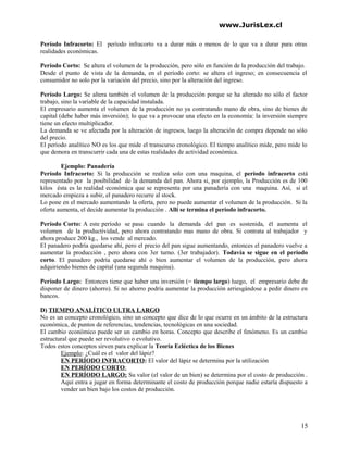 www.JurisLex.cl
Período Infracorto: El período infracorto va a durar más o menos de lo que va a durar para otras
realidades económicas.
Período Corto: Se altera el volumen de la producción, pero sólo en función de la producción del trabajo.
Desde el punto de vista de la demanda, en el período corto: se altera el ingreso; en consecuencia el
consumidor no solo por la variación del precio, sino por la alteración del ingreso.
Período Largo: Se altera también el volumen de la producción porque se ha alterado no sólo el factor
trabajo, sino la variable de la capacidad instalada.
El empresario aumenta el volumen de la producción no ya contratando mano de obra, sino de bienes de
capital (debe haber más inversión); lo que va a provocar una efecto en la economía: la inversión siempre
tiene un efecto multiplicador.
La demanda se ve afectada por la alteración de ingresos, luego la alteración de compra depende no sólo
del precio.
El período analítico NO es los que mide el transcurso cronológico. El tiempo analítico mide, pero mide lo
que demora en transcurrir cada una de estas realidades de actividad económica.
Ejemplo: Panadería
Período Infracorto: Si la producción se realiza solo con una maquina, el período infracorto está
representado por la posibilidad de la demanda del pan. Ahora si, por ejemplo, la Producción es de 100
kilos ésta es la realidad económica que se representa por una panadería con una maquina. Así, si el
mercado empieza a subir, el panadero recurre al stock.
Lo pone en el mercado aumentando la oferta, pero no puede aumentar el volumen de la producción. Si la
oferta aumenta, el decide aumentar la producción . Allí se termina el período infracorto.
Período Corto: A este período se pasa cuando la demanda del pan es sostenida, él aumenta el
volumen de la productividad, pero ahora contratando mas mano de obra. Si contrata al trabajador y
ahora produce 200 kg., los vende al mercado.
El panadero podría quedarse ahí, pero el precio del pan sigue aumentando, entonces el panadero vuelve a
aumentar la producción , pero ahora con 3er turno. (3er trabajador). Todavía se sigue en el período
corto. El panadero podría quedarse ahí o bien aumentar el volumen de la producción, pero ahora
adquiriendo bienes de capital (una segunda maquina).
Período Largo: Entonces tiene que haber una inversión (= tiempo largo) luego, el empresario debe de
disponer de dinero (ahorro). Si no ahorro podría aumentar la producción arriesgándose a pedir dinero en
bancos.
D) TIEMPO ANALÍTICO ULTRA LARGO
No es un concepto cronológico, sino un concepto que dice de lo que ocurre en un ámbito de la estructura
económica, de puntos de referencias, tendencias, tecnológicas en una sociedad.
El cambio económico puede ser un cambio en horas. Concepto que describe el fenómeno. Es un cambio
estructural que puede ser revolutivo o evolutivo.
Todos estos conceptos sirven para explicar la Teoría Ecléctica de los Bienes
Ejemplo: ¿Cuál es el valor del lápiz?
EN PERÍODO INFRACORTO: El valor del lápiz se determina por la utilización
EN PERÍODO CORTO:
EN PERÍODO LARGO: Su valor (el valor de un bien) se determina por el costo de producción .
Aquí entra a jugar en forma determinante el costo de producción porque nadie estaría dispuesto a
vender un bien bajo los costos de producción.
15
 