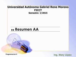 Resumen AA
Ing. Mary LópezProgramacion II
Universidad Autónoma Gabriel Rene Moreno
FICCT
Semestre I/2015
 