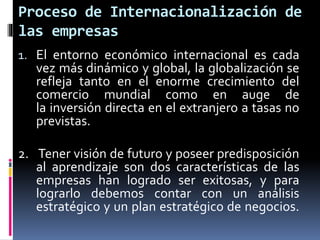 1. El entorno económico internacional es cada
vez más dinámico y global, la globalización se
refleja tanto en el enorme crecimiento del
comercio mundial como en auge de
la inversión directa en el extranjero a tasas no
previstas.
2. Tener visión de futuro y poseer predisposición
al aprendizaje son dos características de las
empresas han logrado ser exitosas, y para
lograrlo debemos contar con un análisis
estratégico y un plan estratégico de negocios.
Proceso de Internacionalización de
las empresas
 