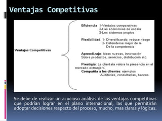 Ventajas Competitivas
Se debe de realizar un acucioso análisis de las ventajas competitivas
que podrían lograr en el plano internacional, las que permitirán
adoptar decisiones respecto del proceso, mucho, mas claras y lógicas.
 