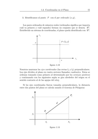 1.3. Coordenadas en el Plano 15
3. Identiﬁcamos al punto P con el par ordenado (x, y) .
Los pares ordenados de números reales (ordenados signiﬁca que importa
cuál va primero y cuál segundo) forman un conjunto que se denota R2.
Establecido un sistema de coordenadas, el plano queda identiﬁcado con R2.
( )yxP ,=
x
y
1l
2l
ﬁgura 1.13
Nosotros usaremos los ejes coordenados (las rectas l1 y l2) perpendiculares.
Los ejes dividen al plano en cuatro sectores llamados cuadrantes. Estos se
ordenan tomando como primero al determinado por los semiejes positivos
y continuando con los siguientes según se gira alrededor del origen en el
sentido contrario al de las agujas del reloj.
Si los ejes coordenados fueron tomados perpendiculares, la distancia
entre dos puntos del plano se calcula usando el teorema de Pitágoras:
1P
2P
1x 2x
1y
2y
d
ﬁgura 1.14
 