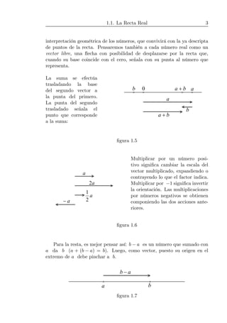 1.1. La Recta Real 3
interpretación geométrica de los números, que convivirá con la ya descripta
de puntos de la recta. Pensaremos también a cada número real como un
vector libre, una ﬂecha con posibilidad de desplazarse por la recta que,
cuando su base coincide con el cero, señala con su punta al número que
representa.
La suma se efectúa
trasladando la base
del segundo vector a
la punta del primero.
La punta del segundo
trasladado señala el
punto que corresponde
a la suma:
b 0 ba + a
a
b
ba +
ﬁgura 1.5
a
a2
a
2
1
a−
Multiplicar por un número posi-
tivo signiﬁca cambiar la escala del
vector multiplicado, expandiendo o
contrayendo lo que el factor indica.
Multiplicar por −1 signiﬁca invertir
la orientación. Las multiplicaciones
por números negativos se obtienen
componiendo las dos acciones ante-
riores.
ﬁgura 1.6
Para la resta, es mejor pensar así: b − a es un número que sumado con
a da b (a + (b − a) = b). Luego, como vector, puesto su origen en el
extremo de a debe pinchar a b.
a b
ab −
ﬁgura 1.7
 