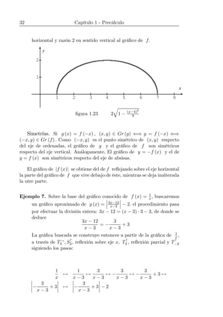 32 Capítulo 1 - Precálculo
horizontal y razón 2 en sentido vertical al gráﬁco de f.
1 2 3 4 5 6 7 8
1
2
x
y
ﬁgura 1.23 2
q
1 − (x−4)2
9
Simetrías. Si g (x) = f (−x) , (x, y) ∈ Gr (g) ⇐⇒ y = f (−x) ⇐⇒
(−x, y) ∈ Gr (f) . Como (−x, y) es el punto simétrico de (x, y) respecto
del eje de ordenadas, el gráﬁco de g y el gráﬁco de f son simétricos
respecto del eje vertical. Análogamente, El gráﬁco de y = −f (x) y el de
y = f (x) son simétricos respecto del eje de absisas.
El gráﬁco de |f (x)| se obtiene del de f reﬂejando sobre el eje horizontal
la parte del gráﬁco de f que vive debajo de éste, mientras se deja inalterada
la otre parte.
Ejemplo 7. Sobre la base del gráﬁco conocido de f (x) = 1
x, buscaremos
un gráﬁco aproximado de g (x) =
¯
¯
¯3x−12
x−3
¯
¯
¯ − 2. el procedimiento pasa
por efectuar la división entera: 3x − 12 = (x − 3) · 3 − 3, de donde se
deduce
3x − 12
x − 3
= −
3
x − 3
+ 3
La gráﬁca buscada se construye entonces a partir de la gráﬁca de 1
x,
a través de T→
3 , S↑
3, reﬂexión sobre eje x, T↑
3 , reﬂexión parcial y T↑
−2
siguiendo los pasos:
1
x
7→
1
x − 3
7→
3
x − 3
7→ −
3
x − 3
7→ −
3
x − 3
+ 3 7→
¯
¯
¯
¯−
3
x − 3
+ 3
¯
¯
¯
¯ 7→
¯
¯
¯
¯−
3
x − 3
+ 3
¯
¯
¯
¯ − 2
 