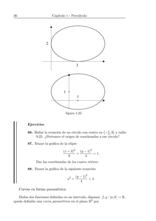 36 Capítulo 1 - Precálculo
3
2
1
1
ﬁgura 1.25
Ejercicios
86. Hallar la ecuación de un círculo con centro en
¡
−1
2, 3
¢
y radio
9.25. ¿Pertenece el origen de coordenadas a ese círculo?
87. Trazar la gráﬁca de la elipse
(x + 3)2
9
+
(y − 1)2
4
= 1.
Dar las coordenadas de los cuatro vérices.
88. Trazar la gráﬁca de la siguiente ecuación:
x2
+
(y − 1)2
4
= 4.
Curvas en forma paramétrica
Dadas dos funciones deﬁnidas en un intervalo, digamos f, g : [a, b] → R,
queda deﬁnida una curva paramétrica en el plano R2 por
 