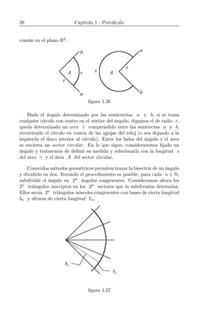 38 Capítulo 1 - Precálculo
común en el plano R2.
a
a
b
b
A As s
r
r
ﬁgura 1.26
Dado el ángulo determinado por las semirrectas a y b, si se toma
cualquier círculo con centro en el vértice del ángulo, digamos el de radio r,
queda determinado un arco γ comprendido entre las semirectas a y b,
recorriendo el círculo en contra de las agujas del reloj (o sea dejando a la
izquierda el disco interior al círculo). Entre los lados del ángulo y el arco
se encierra un sector circular. En lo que sigue, consideraremos ﬁjado un
ángulo y trataremos de deﬁnir su medida y relacionarla con la longitud s
del arco γ y el área A del sector circular.
Conocidos métodos geométricos permiten trazar la bisectriz de un ángulo
y dividirlo en dos. Iterando el procedimiento es posible, para cada n ∈ N,
subdividir el ángulo en 2n ángulos congruentes. Consideramos ahora los
2n triángulos inscriptos en los 2n sectores que la subdivisión determina.
Ellos serán 2n triángulos isósceles congruentes con bases de cierta longitud
bn y alturas de cierta longitud hn.
nb
nh
ﬁgura 1.27
 
