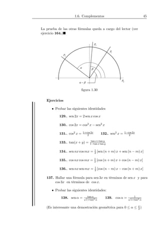1.6. Complementos 45
La prueba de las otras fórmulas queda a cargo del lector (ver
ejercicio 164.)¥
α β
βα − 0P
1P
2P
3P
ﬁgura 1.30
Ejercicios
• Probar las siguientes identidades
129.. sen 2x = 2 sen x cos x
130.. cos 2x = cos2 x − sen2 x
131.. cos2 x = 1+cos 2x
2 132.. sen2 x = 1−cos 2x
2
133.. tan(x + y) = tan x+tan y
1−tan x tan y
134.. sen nx cos mx = 1
2 [sen (n + m) x + sen (n − m) x]
135.. cos nx cos mx = 1
2 [cos (n + m) x + cos (n − m) x]
136.. sen nx sen mx = 1
2 [cos (n − m) x − cos (n + m) x]
137. Hallar una fórmula para sen 3x en términos de sen x y para
cos 3x en términos de cos x.
• Probar las siguientes identidades:
138. sen α = tan α√
1+tan2 α
139. cos α = 1√
1+tan2 α
(Es interesante una demostración geométrica para 0 ≤ α ≤ π
2 )
 