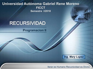 Ing. Mary Lopez
Programacion II
Iterar es Humano Recursividad es Divino
Universidad Autónoma Gabriel Rene Moreno
FICCT
Semestre I/2018
 