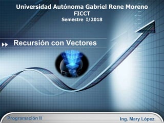 Programación II
Recursión con Vectores
Ing. Mary López
Universidad Autónoma Gabriel Rene Moreno
FICCT
Semestre I/2018
 