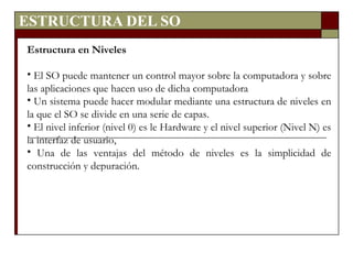ESTRUCTURA DEL SO Estructura en Niveles El SO puede mantener un control mayor sobre la computadora y sobre las aplicaciones que hacen uso de dicha computadora  Un sistema puede hacer modular mediante una estructura de niveles en la que el SO se divide en una serie de capas. El nivel inferior (nivel 0) es le Hardware y el nivel superior (Nivel N) es la interfaz de usuario, Una de las ventajas del método de niveles es la simplicidad de construcción y depuración. 