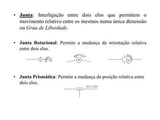 • Junta: Interligação entre dois elos que permitem o
movimento relativo entre os mesmos numa única dimensão
ou Grau de Liberdade.
• Junta Rotacional: Permite a mudança da orientação relativa
entre dois elos.
• Junta Prismática: Permite a mudança da posição relativa entre
dois elos.
 
