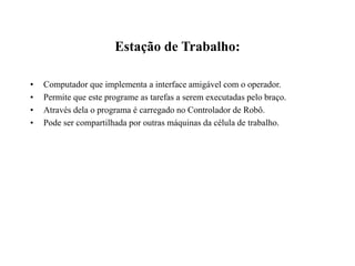 Estação de Trabalho:
• Computador que implementa a interface amigável com o operador.
• Permite que este programe as tarefas a serem executadas pelo braço.
• Através dela o programa é carregado no Controlador de Robô.
• Pode ser compartilhada por outras máquinas da célula de trabalho.
 