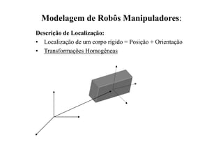 Modelagem de Robôs Manipuladores:
Descrição de Localização:
• Localização de um corpo rígido = Posição + Orientação
• Transformações Homogêneas
 