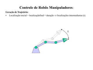 Controle de Robôs Manipuladores:
Geração de Trajetória:
• Localização inicial + localizaçãofinal + duração  localizações intermediarias (t).
t
 