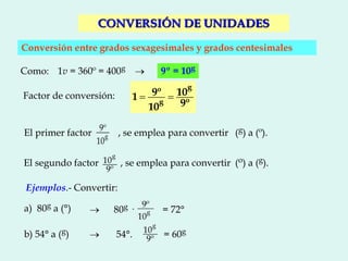 Conversión entre grados sexagesimales y grados centesimales
Como: 1v = 360º = 400g 
CONVERSIÓN DE UNIDADES
9º = 10g
 
g...
