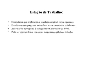 Estação de Trabalho:
• Computador que implementa a interface amigável com o operador.
• Permite que este programe as tarefas a serem executadas pelo braço.
• Através dela o programa é carregado no Controlador de Robô.
• Pode ser compartilhada por outras máquinas da célula de trabalho.
 