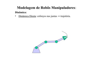 Modelagem de Robôs Manipuladores:
Dinâmica:
• Dinâmica Direta: esforços nas juntas  trajetória.
 