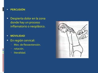 PERCUSIÓN Despierta dolor en la zona donde hay un proceso inflamatorio o neoplásico. MOVILIDAD En región cervical: Mov. de flexoextensión. rotación. literalidad. 