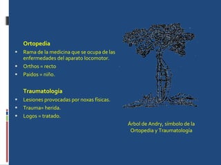 Ortopedia Rama de la medicina que se ocupa de las enfermedades del aparato locomotor. Orthos = recto Paidos = niño. Traumatología Lesiones provocadas por noxas físicas. Trauma= herida. Logos = tratado. Árbol de Andry, símbolo de la  Ortopedia y Traumatología  