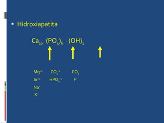 Hidroxiapatita Ca 10  (PO 4 ) 6   (OH) 2 Mg +2   CO 3 -2   CO 3 Sr +2   HPO 4 -2   F - Na + K + 