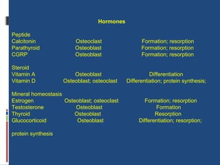 Hormones Peptide Calcitonin  Osteoclast  Formation; resorption Parathyroid  Osteoblast  Formation; resorption CGRP  Osteoblast  Formation; resorption Steroid Vitamin A  Osteoblast  Differentiation Vitamin D  Osteoblast; osteoclast  Differentiation; protein synthesis;  Mineral homeostasis Estrogen  Osteoblast; osteoclast  Formation; resorption Testosterone  Osteoblast  Formation Thyroid  Osteoblast  Resorption Glucocorticoid  Osteoblast  Differentiation; resorption;    protein synthesis 