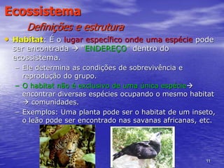 11
Ecossistema
Definições e estrutura
• Habitat: É o lugar específico onde uma espécie pode
ser encontrada  "ENDEREÇO" dentro do
ecossistema.
– Ele determina as condições de sobrevivência e
reprodução do grupo.
– O habitat não é exclusivo de uma única espécie
encontrar diversas espécies ocupando o mesmo habitat
 comunidades.
– Exemplos: Uma planta pode ser o habitat de um inseto,
o leão pode ser encontrado nas savanas africanas, etc.
 