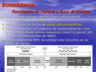 17
Ecossistema
Reciclagem de matéria e fluxo de energia
• Toda energia utilizada na Terra tem como fonte as
radiações recebidas do sol.
• Emite energia em forma de ondas eletromagnéticas.
• Essa radiação tem um espectro de comprimento de onda
que abrange desde valores pequenos (raios X e gama) até
valores elevados (ondas de rádio).
• Aproximadamente 99% da energia total encontra-se na
região do visível.
 