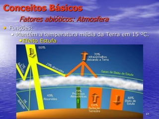 41
Conceitos Básicos
Fatores abióticos: Atmosfera
• Funções:
• Mantém a temperatura média da Terra em 15 ºC.
•Efeito Estufa
 