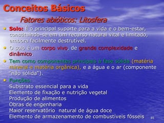 45
Conceitos Básicos
Fatores abióticos: Litosfera
• Solo: É o principal suporte para a vida e o bem-estar,
constituindo-se em um recurso natural vital e limitado,
embora facilmente destrutível.
• O solo é um corpo vivo, de grande complexidade e
dinâmico.
• Tem como componentes principais à fase sólida (matéria
mineral e matéria orgânica), e a água e o ar (componente
"não sólida“).
• Funções:
Substrato essencial para a vida
Elemento de fixação e nutrição vegetal
Produção de alimentos
Obras de engenharia
Maior reservatório natural de água doce
Elemento de armazenamento de combustíveis fósseis
 