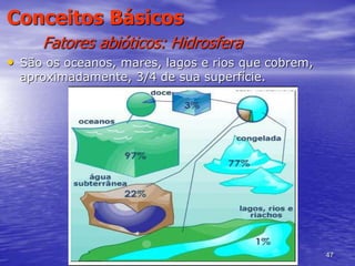 47
Conceitos Básicos
Fatores abióticos: Hidrosfera
• São os oceanos, mares, lagos e rios que cobrem,
aproximadamente, 3/4 de sua superfície.
 