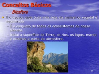 51
Conceitos Básicos
Biosfera
• É o espaço onde toda vida seja ela animal ou vegetal é
encontrada
– É o conjunto de todos os ecossistemas do nosso
planeta.
– Inclui a superfície da Terra, os rios, os lagos, mares
e oceanos e parte da atmosfera.
 