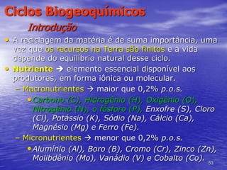 53
Ciclos Biogeoquímicos
Introdução
• A reciclagem da matéria é de suma importância, uma
vez que os recursos na Terra são finitos e a vida
depende do equilíbrio natural desse ciclo.
• Nutriente  elemento essencial disponível aos
produtores, em forma iônica ou molecular.
– Macronutrientes  maior que 0,2% p.o.s.
•Carbono (C), Hidrogênio (H), Oxigênio (O),
Nitrogênio (N), o fósforo (P), Enxofre (S), Cloro
(Cl), Potássio (K), Sódio (Na), Cálcio (Ca),
Magnésio (Mg) e Ferro (Fe).
– Micronutrientes  menor que 0,2% p.o.s.
•Alumínio (Al), Boro (B), Cromo (Cr), Zinco (Zn),
Molibdênio (Mo), Vanádio (V) e Cobalto (Co).
 