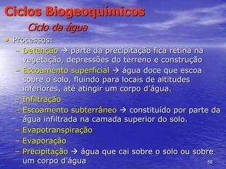 58
Ciclos Biogeoquímicos
Ciclo da água
• Processos:
– Detenção  parte da precipitação fica retina na
vegetação, depressões do terreno e construção
– Escoamento superficial  água doce que escoa
sobre o solo, fluindo para locais de altitudes
inferiores, até atingir um corpo d’água.
– Infiltração
– Escoamento subterrâneo  constituído por parte da
água infiltrada na camada superior do solo.
– Evapotranspiração
– Evaporação
– Precipitação  água que cai sobre o solo ou sobre
um corpo d’água
 