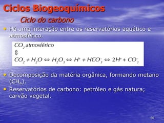 60
Ciclos Biogeoquímicos
Ciclo do carbono
• Há uma interação entre os reservatórios aquático e
atmosférico.
• Decomposição da matéria orgânica, formando metano
(CH4).
• Reservatórios de carbono: petróleo e gás natura;
carvão vegetal.
 