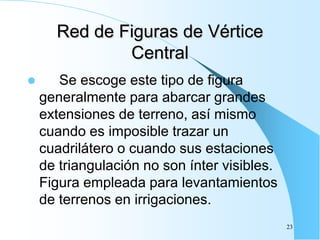 Red de Figuras de Vértice
Central
 Se escoge este tipo de figura
generalmente para abarcar grandes
extensiones de terreno, así mismo
cuando es imposible trazar un
cuadrilátero o cuando sus estaciones
de triangulación no son ínter visibles.
Figura empleada para levantamientos
de terrenos en irrigaciones.
23
 