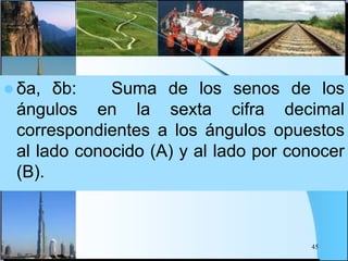  δa, δb: Suma de los senos de los
ángulos en la sexta cifra decimal
correspondientes a los ángulos opuestos
al lado conocido (A) y al lado por conocer
(B).
45
 