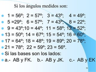 1 = 56º; 2 = 57º; 3 = 43º; 4 = 49º;
 5 =29º; 6 = 57º; 7 = 43º; 8 = 22º;
 9 = 43º;10 = 44º; 11 = 58º; 12 = 52º;
 13 = 50º; 14 = 67º; 15 = 54º; 16 = 60º;
 17 = 64º; 18 = 48º; 19 = 89º; 20 = 78º;
 21 = 78º; 22 = 59º; 23 = 56º.
 Si las bases son los lados:
 a.- AB y FK. b.- AB y JK. c.- AB y EK
50
Si los ángulos medidos son:
 