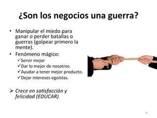 ¿Son 
los 
negocios 
una 
guerra? 
• Manipular 
el 
miedo 
para 
ganar 
o 
perder 
batallas 
o 
guerras 
(golpear 
primero 
la 
mente). 
• Fenómeno 
mágico: 
PServir 
mejor 
üDar 
lo 
mejor 
de 
nosotros 
üAyudar 
a 
tener 
mejor 
producto. 
üDejar 
intereses 
egoístas. 
Ø Crece 
en 
sa)sfacción 
y 
felicidad 
(EDUCAR) 
14 
