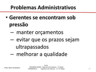 Profa. Maria Auxiliadora 
Fonte: 
PRESSMAN, ROGER - Engenharia de Software - 6° Edição 
SOMMERVILLE - Engenharia de Software - 8° / 9° Edição 
Problemas Administrativos 
•Gerentes se encontram sob pressão 
– manter orçamentos 
– evitar que os prazos sejam 
ultrapassados 
– melhorar a qualidade 
54  
