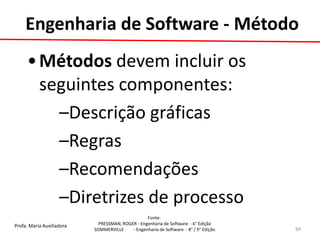 Profa. Maria Auxiliadora 
Fonte: 
PRESSMAN, ROGER - Engenharia de Software - 6° Edição 
SOMMERVILLE - Engenharia de Software - 8° / 9° Edição 
•Métodos devem incluir os seguintes componentes: 
–Descrição gráficas 
–Regras 
–Recomendações 
–Diretrizes de processo 
84 
Engenharia de Software - Método  