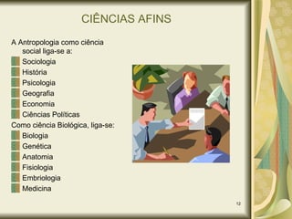 CIÊNCIAS AFINS A Antropologia como ciência social liga-se a: Sociologia História Psicologia Geografia Economia Ciências Políticas Como ciência Biológica, liga-se: Biologia Genética Anatomia Fisiologia Embriologia Medicina 