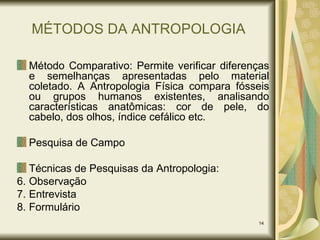 MÉTODOS DA ANTROPOLOGIA Método Comparativo: Permite verificar diferenças e semelhanças apresentadas pelo material coletado. A Antropologia Física compara fósseis ou grupos humanos existentes, analisando características anatômicas: cor de pele, do cabelo, dos olhos, índice cefálico etc. Pesquisa de Campo Técnicas de Pesquisas da Antropologia: Observação Entrevista Formulário 