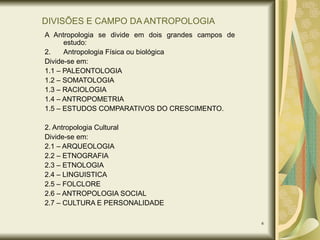 DIVISÕES E CAMPO DA ANTROPOLOGIA A Antropologia se divide em dois grandes campos de estudo: Antropologia Física ou biológica Divide-se em: 1.1 – PALEONTOLOGIA 1.2 – SOMATOLOGIA 1.3 – RACIOLOGIA 1.4 – ANTROPOMETRIA 1.5 – ESTUDOS COMPARATIVOS DO CRESCIMENTO. 2. Antropologia Cultural Divide-se em: 2.1 – ARQUEOLOGIA 2.2 – ETNOGRAFIA 2.3 – ETNOLOGIA 2.4 – LINGUISTICA 2.5 – FOLCLORE 2.6 – ANTROPOLOGIA SOCIAL 2.7 – CULTURA E PERSONALIDADE 