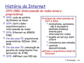 1: Introdução 106
Princípios de interconexão de
Cerf e Kahn:
 minimalismo, autonomia
- não é necessária
nenhuma mudança
interna para
interconectar redes
 modelo de serviço best
effort
 roteadores sem estados
 controle
descentralizado
definem a arquitetura atual da
Internet
História da Internet
 1970: rede de satélite
ALOHAnet no Havaí
 1974: Cerf e Kahn -
arquitetura para a
interconexão de redes
 1976: Ethernet no XEROX
PARC
 fim dos anos 70: arquiteturas
proprietárias: DECnet, SNA,
XNA
 fim dos anos 70: comutação de
pacotes de comprimento fixo
(precursor do ATM)
 1979: ARPAnet com 200 nós
1972-1980: Interconexão de redes novas e
proprietárias
 